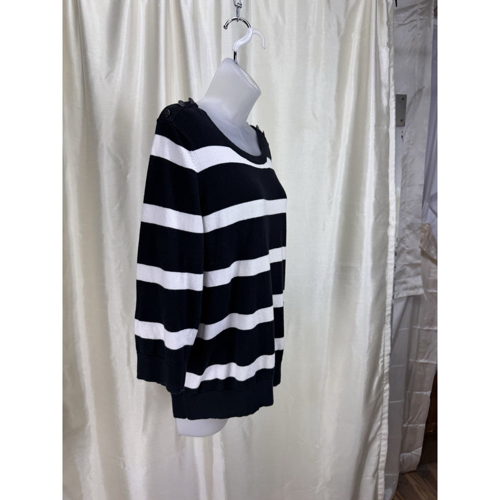 Ann Tayler Loft Women's Sweater, Black and White Striped, Size XL Button Accent