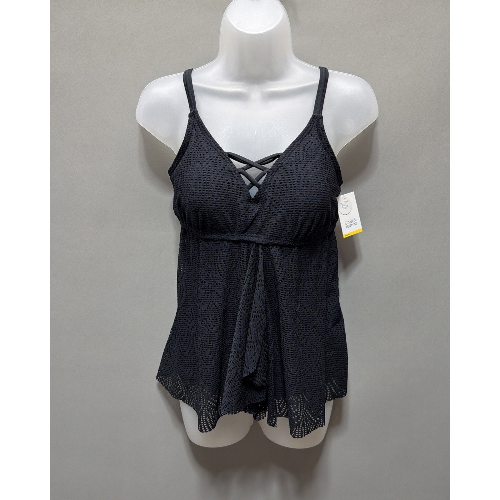 Croft And Barrow Womens Black Eyelet Lace Tankini Top Crochet beach Resort S New
