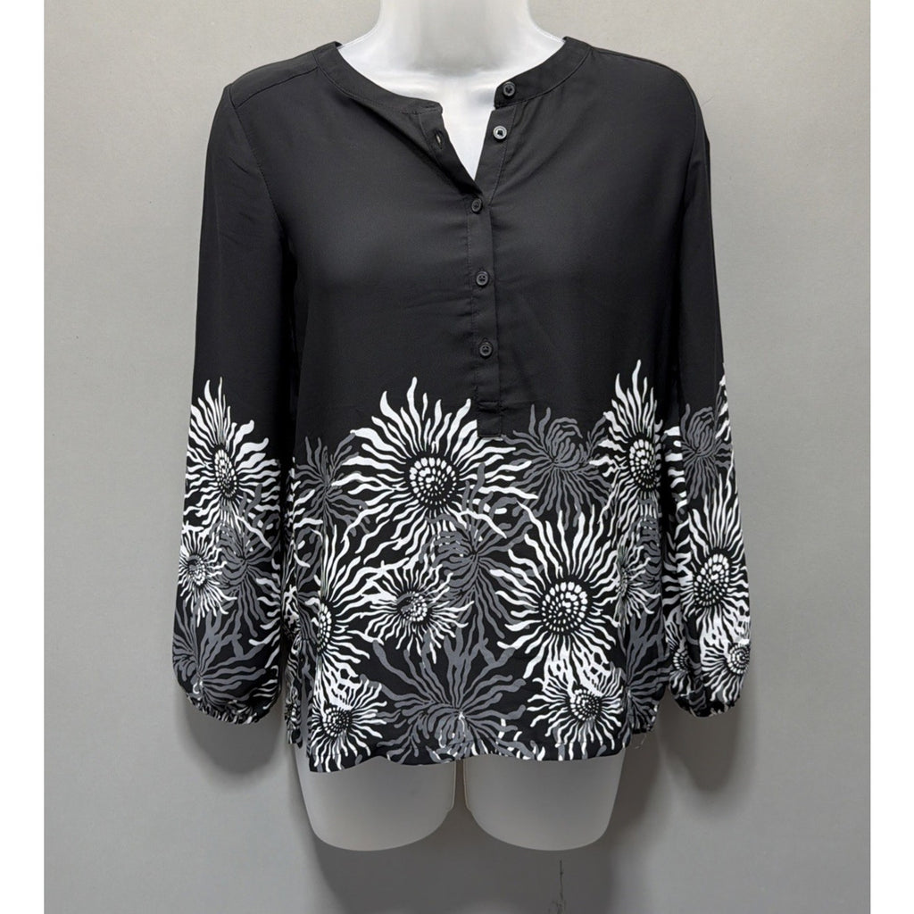 LOFT Outlet Petite XXSP Black White Floral Blouse 3/4 Sleeve Lightweight Boho