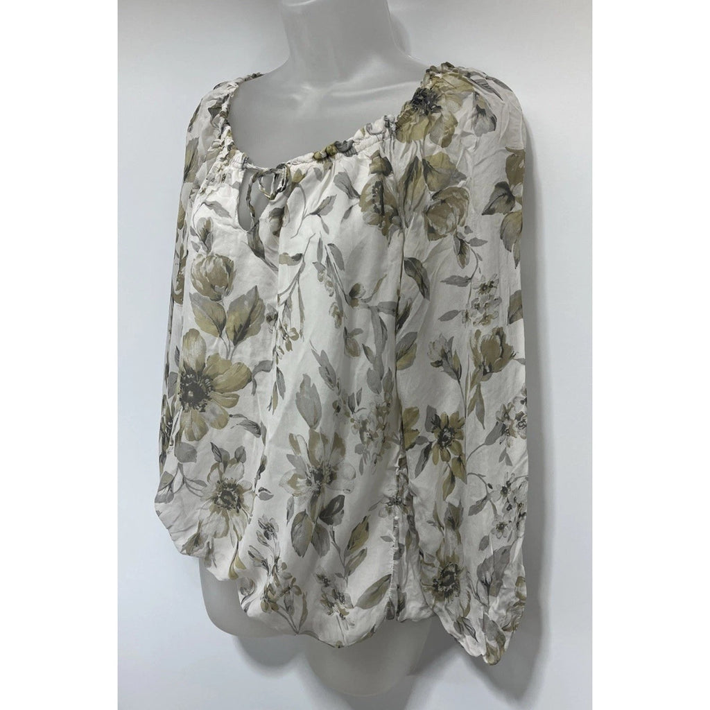 Rosemarine Made Italy Ivory Olive Silk Floral Print L/Sleeve Lined Blouse Top L