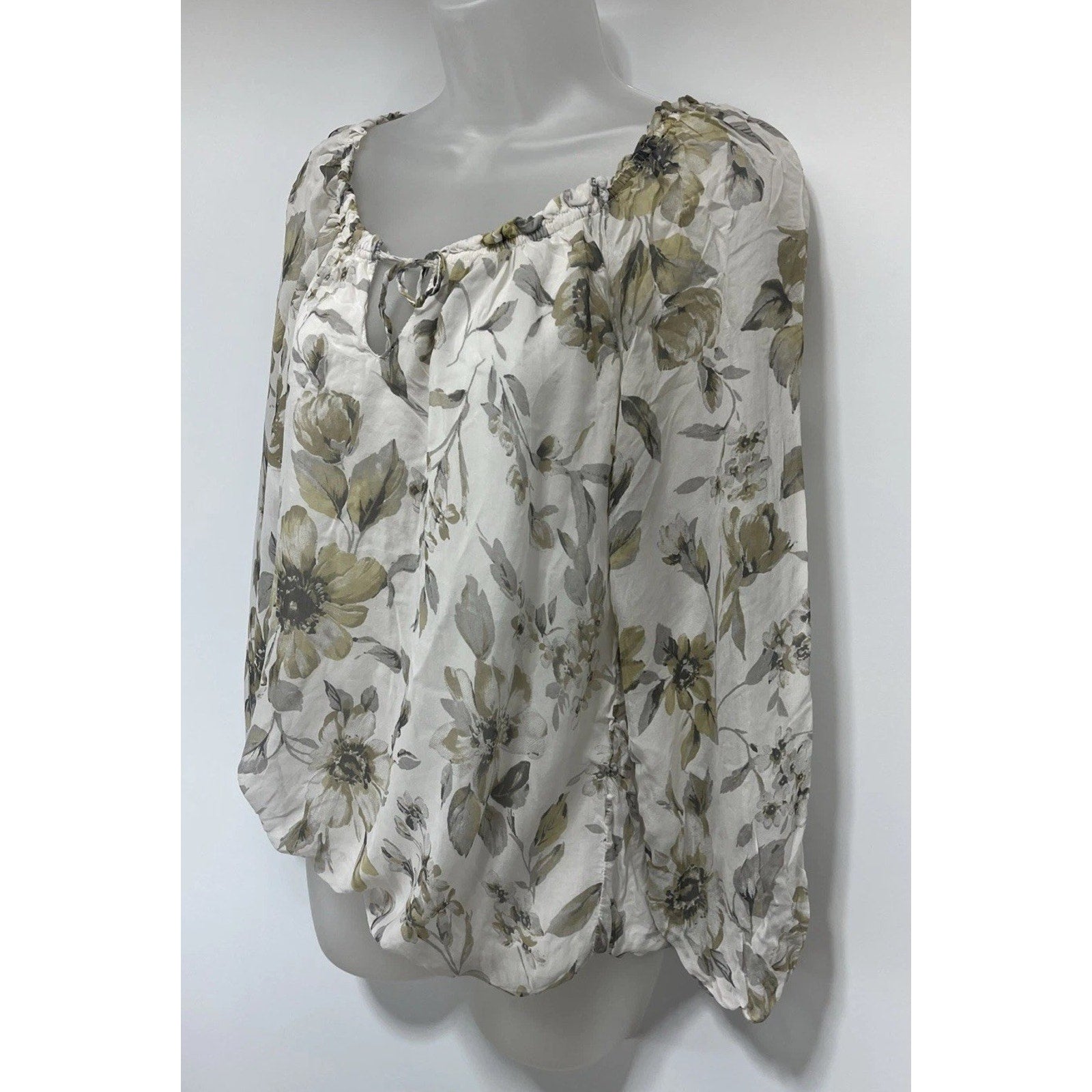 Rosemarine Made Italy Ivory Olive Silk Floral Print L/Sleeve Lined Blouse Top L