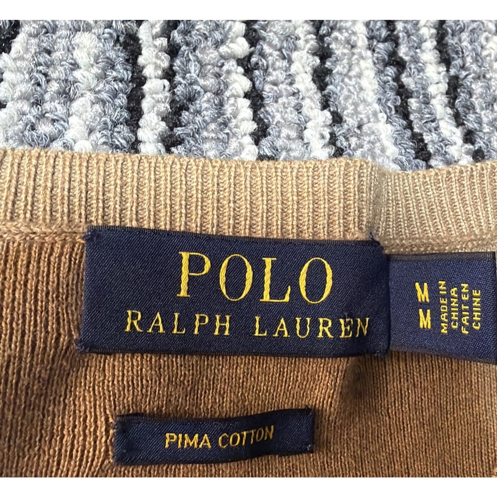 Polo Ralph Lauren Tan Pima Cotton Long Sleeve Sweater Burgundy Pony Size Medium