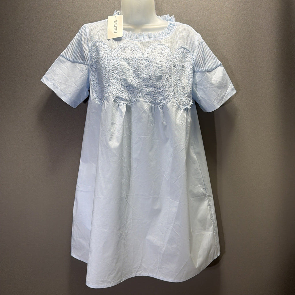 VAOYIU Women S Crochet Lace Mini Dress Round Neck Short Sleeve Sheer Mesh NWT