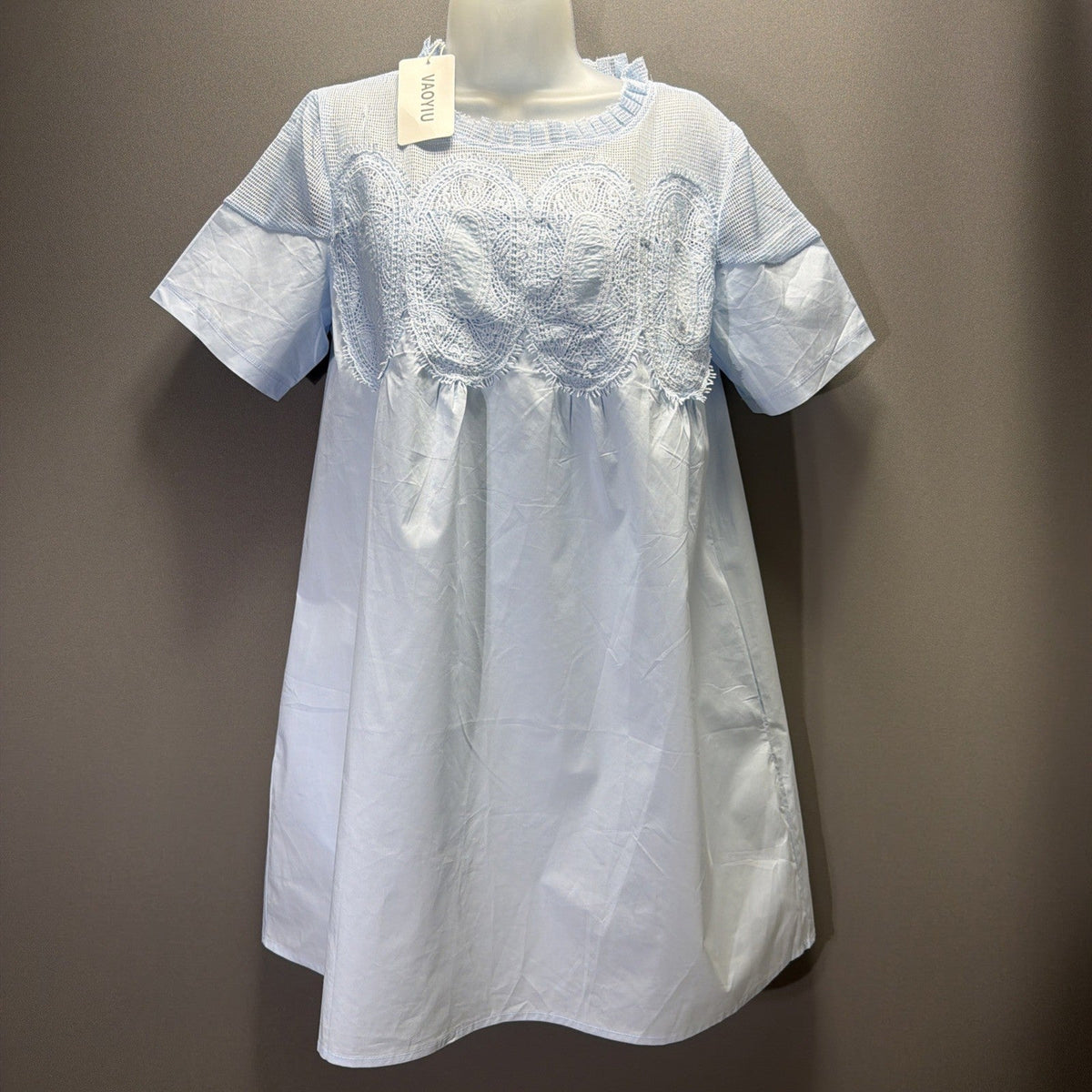 VAOYIU Women S Crochet Lace Mini Dress Round Neck Short Sleeve Sheer Mesh NWT