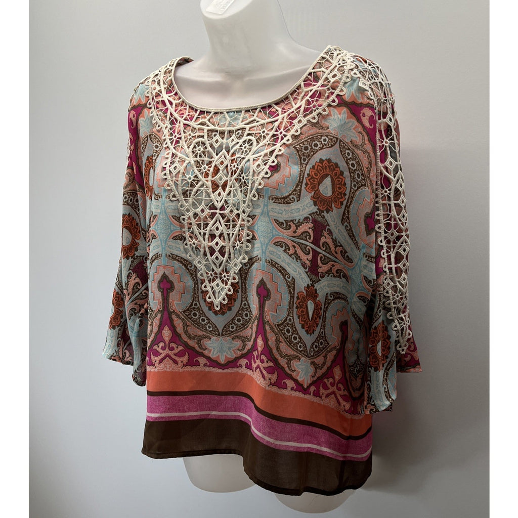 Chicos 3/4 Sleeve Safari Chic Crochet Trim Pullover Top Blouse Womens 1P