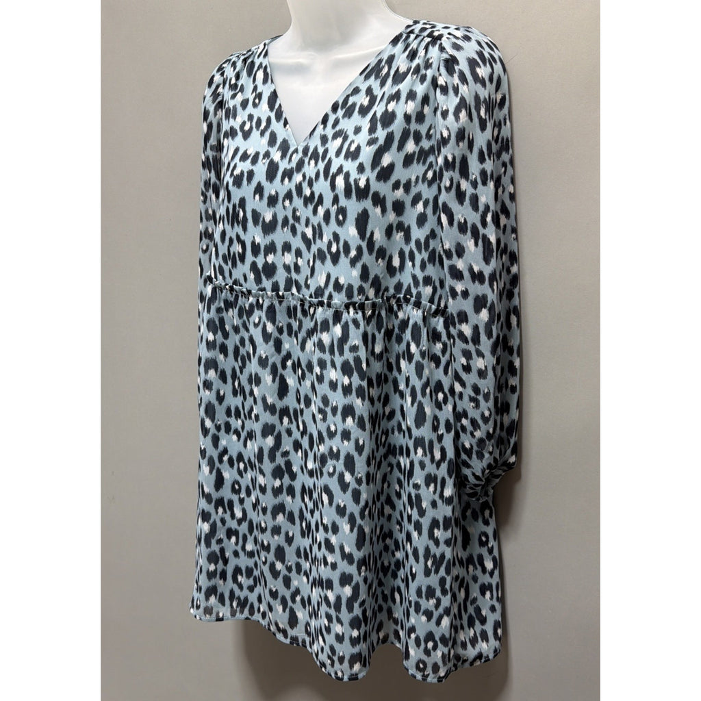 Loft Blue Leopard Print Puff Sleeve Mini Dress Size Petite XS Babydoll NWT