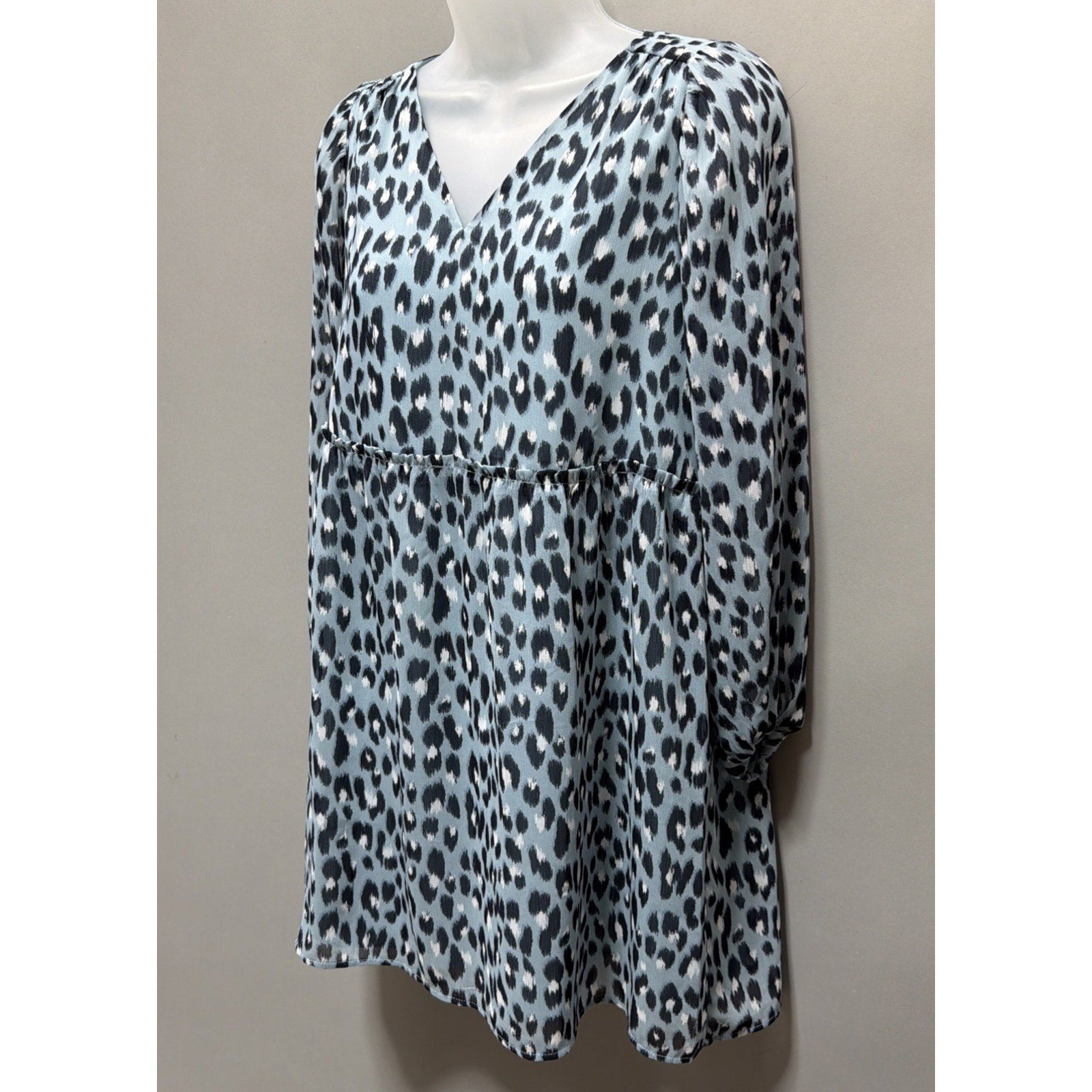 Loft Blue Leopard Print Puff Sleeve Mini Dress Size Petite XS Babydoll NWT