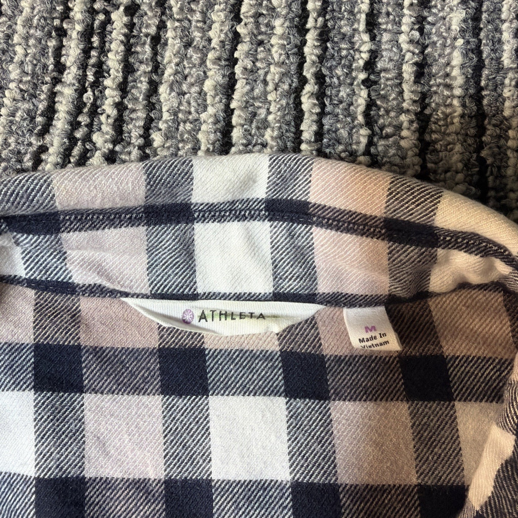 Athleta Pink Navy Lumberjilll Cotton Blend Plaid Button Down Shirt Size M
