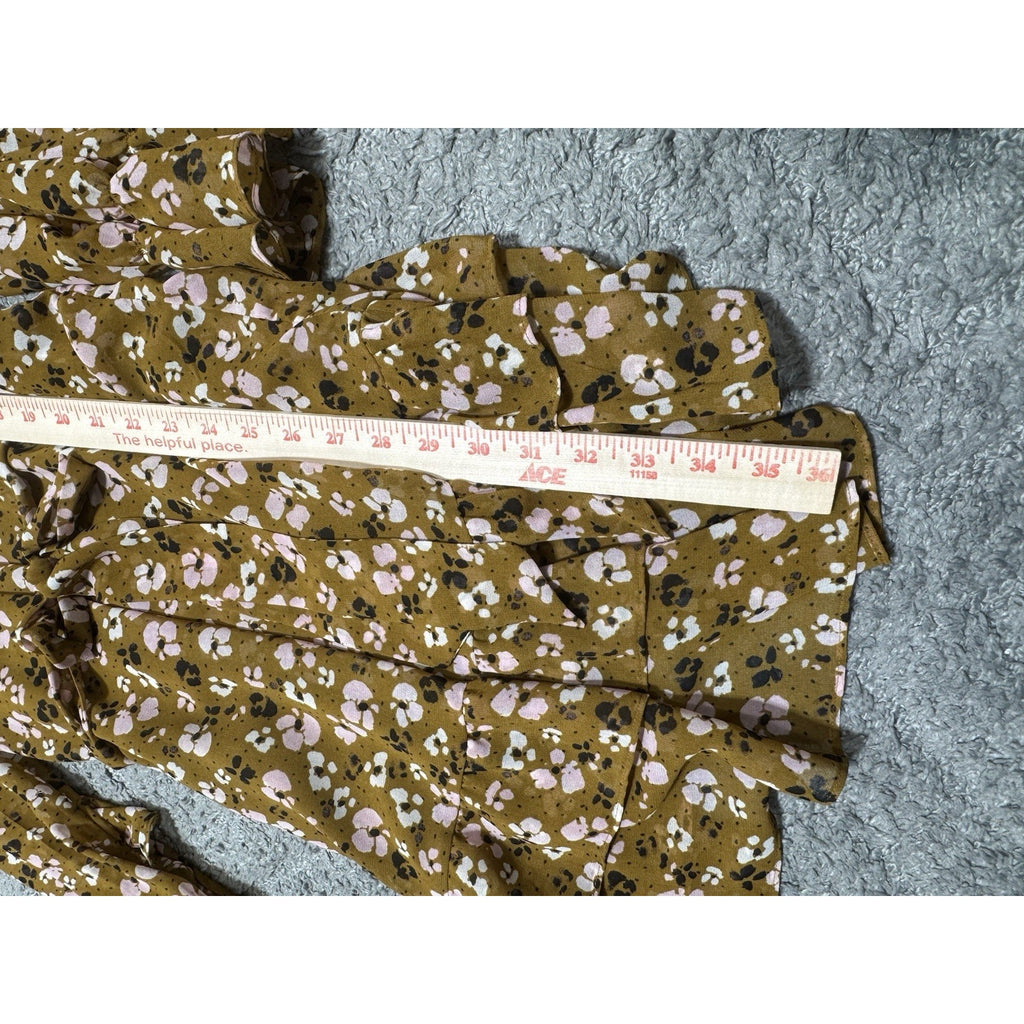 NWT Who What Wear Dress M Mustard Floral Ruffle Long Sleeve Tie Waist Boho Mini