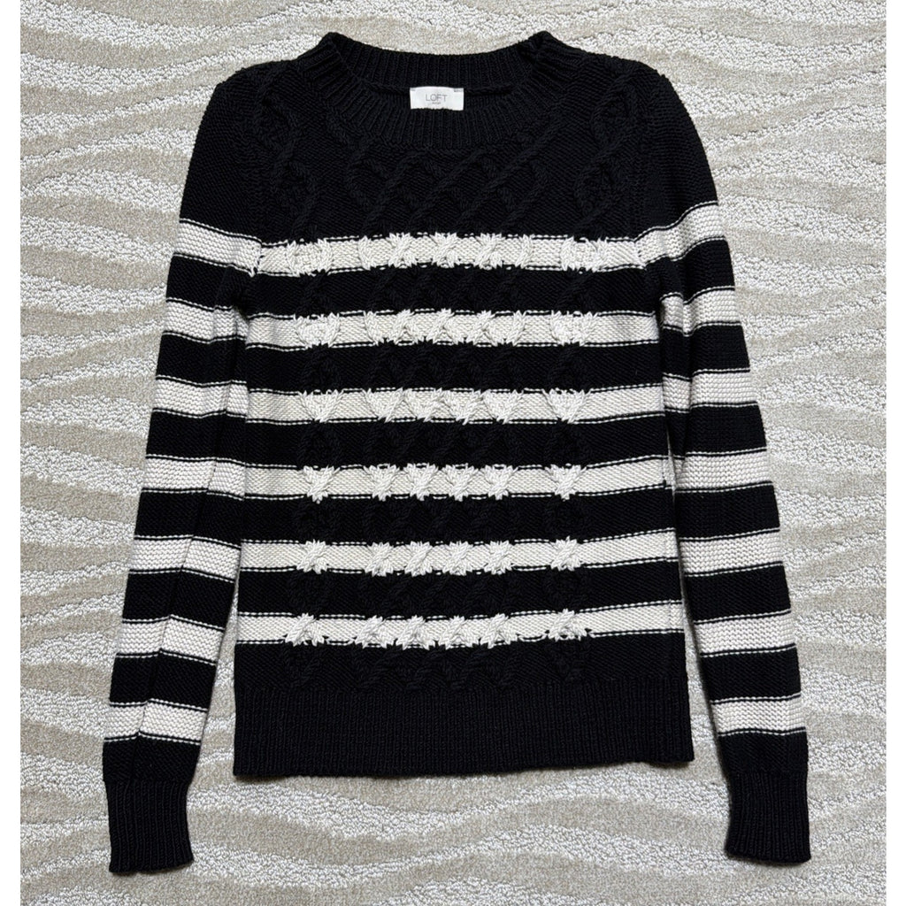 LOFT Outlet Sweater XS Black White Striped Cable Knit Crewneck Pullover