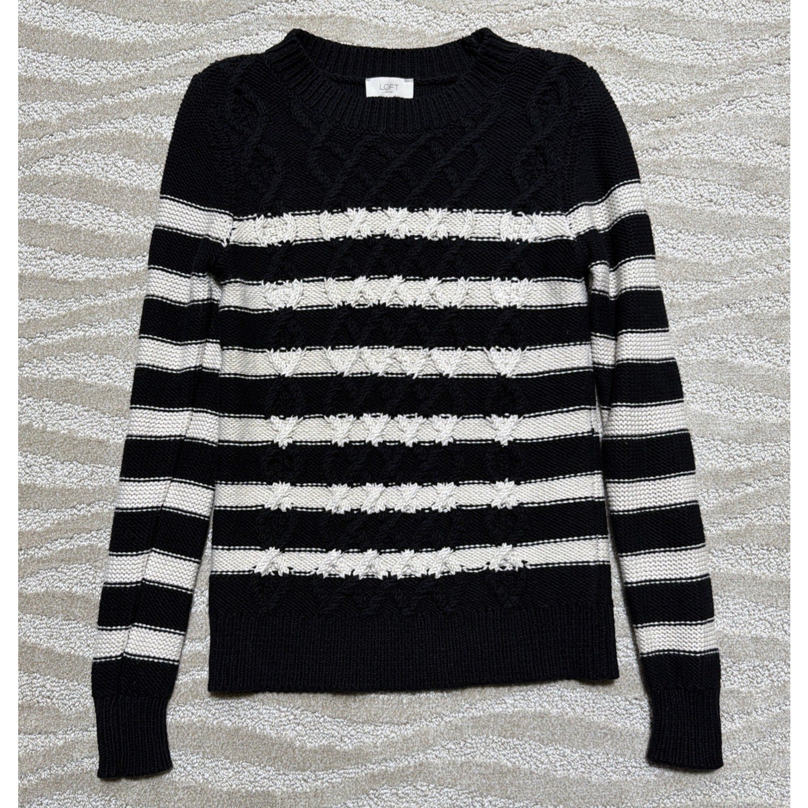 LOFT Outlet Sweater XS Black White Striped Cable Knit Crewneck Pullover