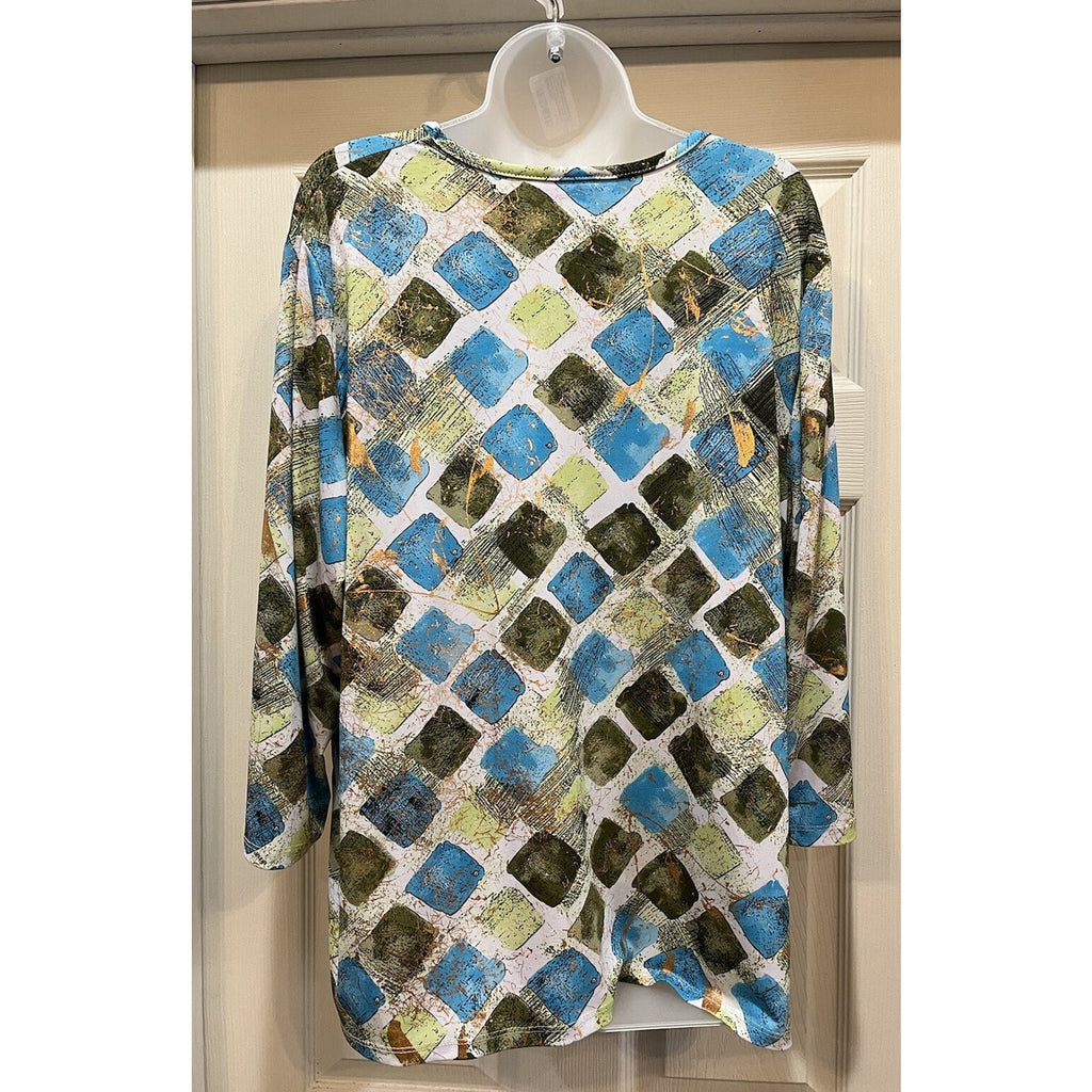 Alia Geometric Print Blue Brown 3/4 Sleeve Women's Plus Size 2X Ladies Top