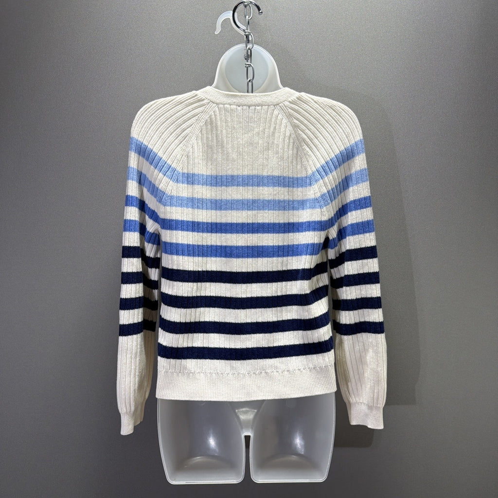 NWT TALBOTS IVORY/MULTI BLUE BRETON STRIPED V-NECK SWEATER SIZE SMALL PETITE