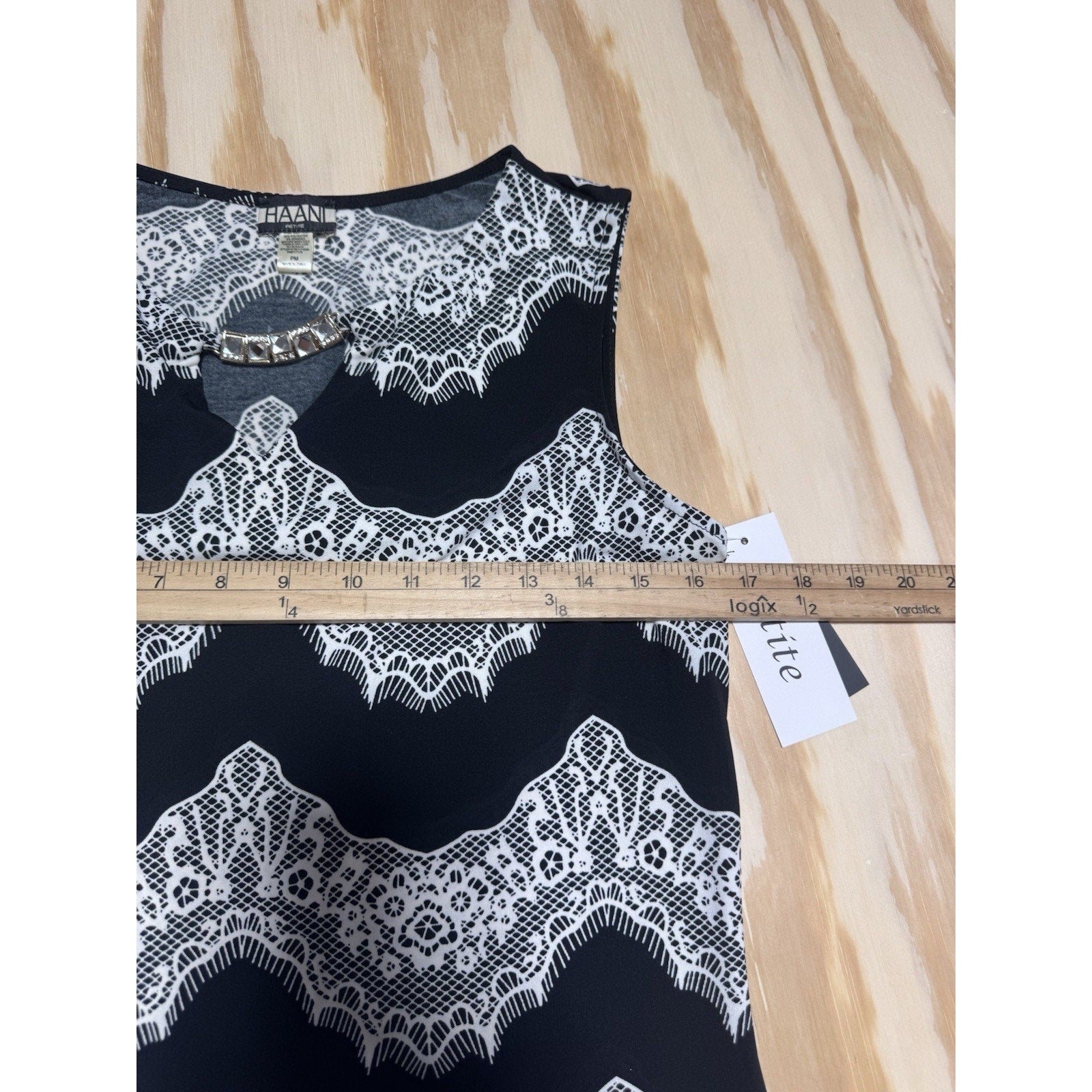 HAANI Petite PM Black White Lace Print Shift Dress Beaded Neck Sleeveless NWT