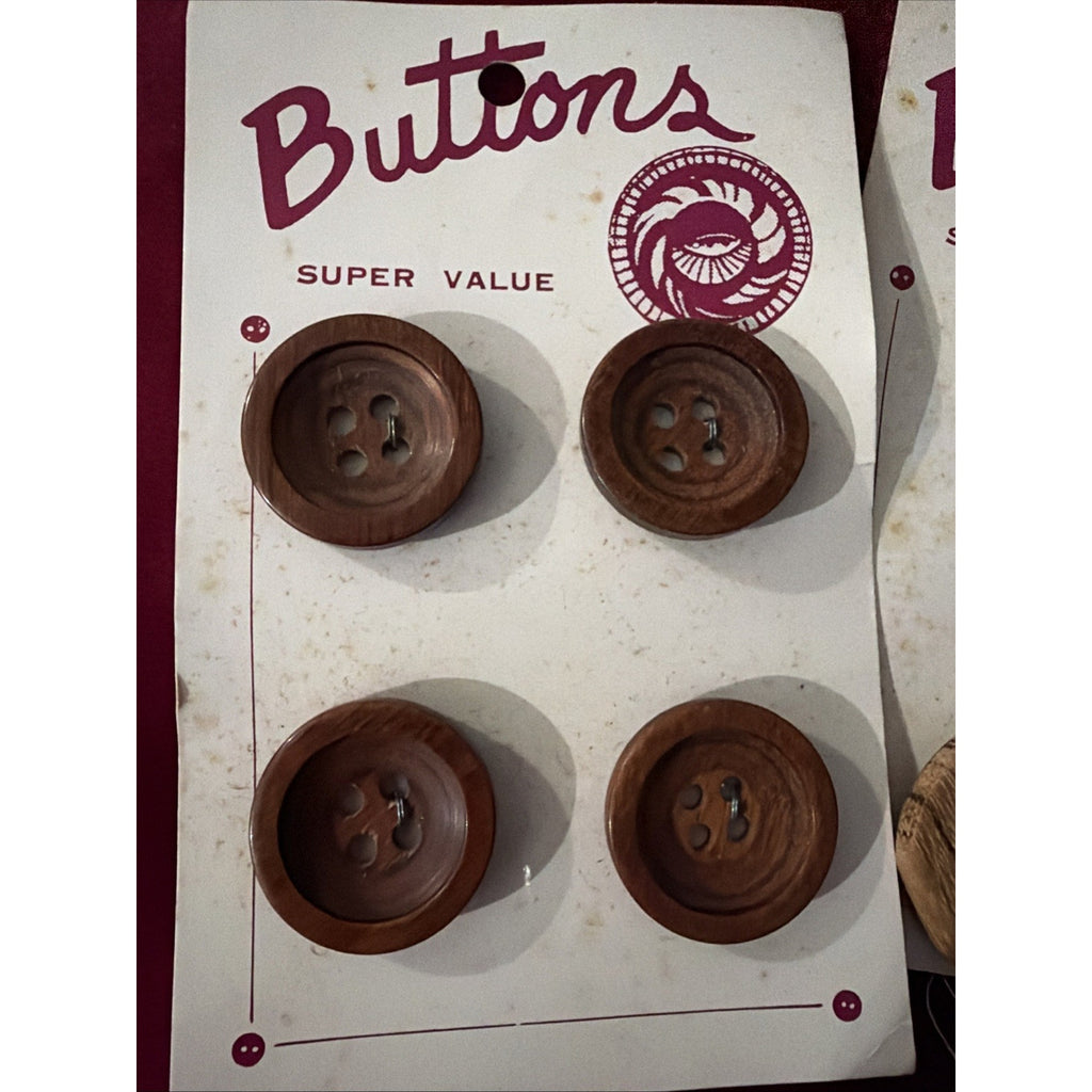Vintage Brown Wood Buttons 4 Hole 1 1/4” Large Sewing Craft Original Card NOS
