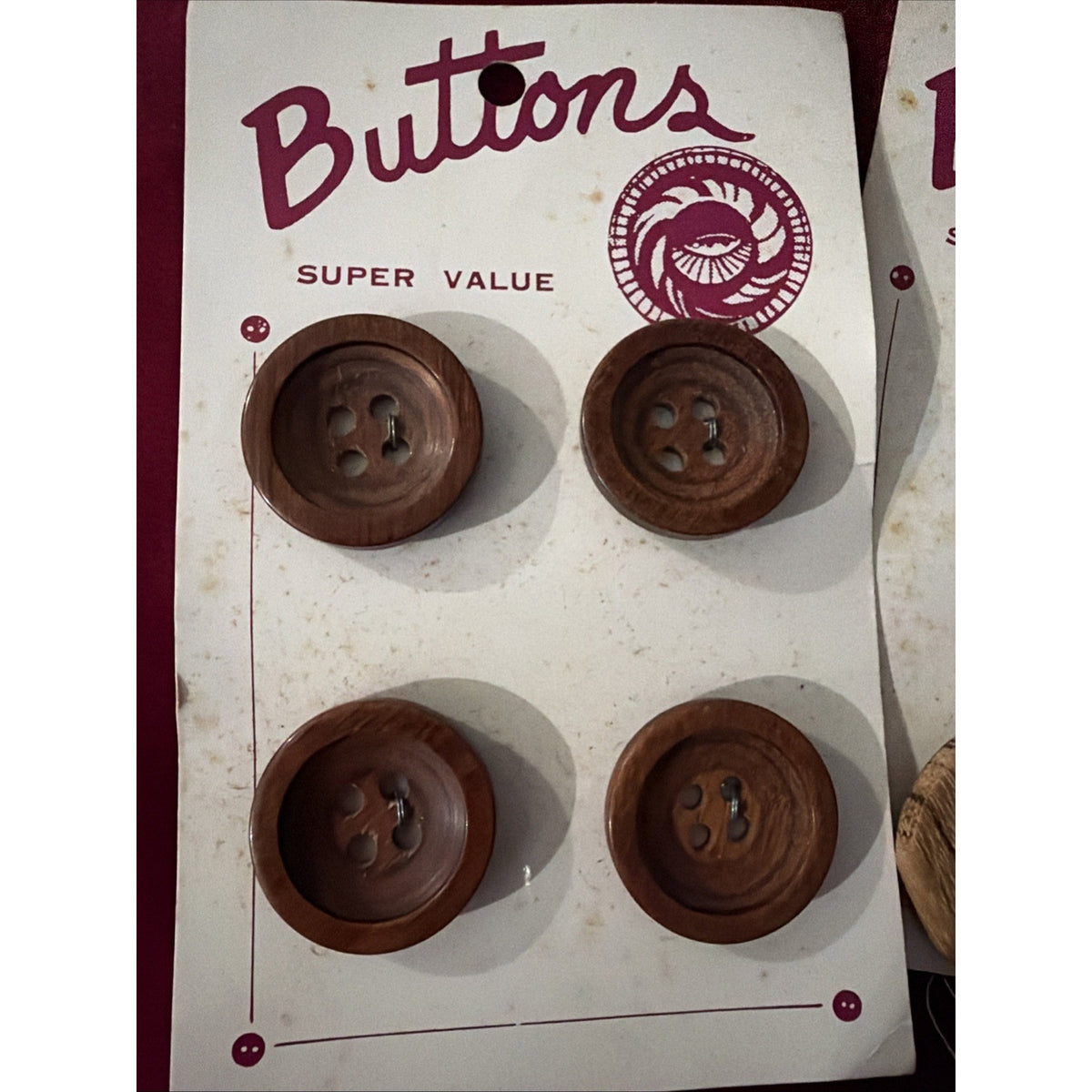 Vintage Brown Wood Buttons 4 Hole 1 1/4” Large Sewing Craft Original Card NOS