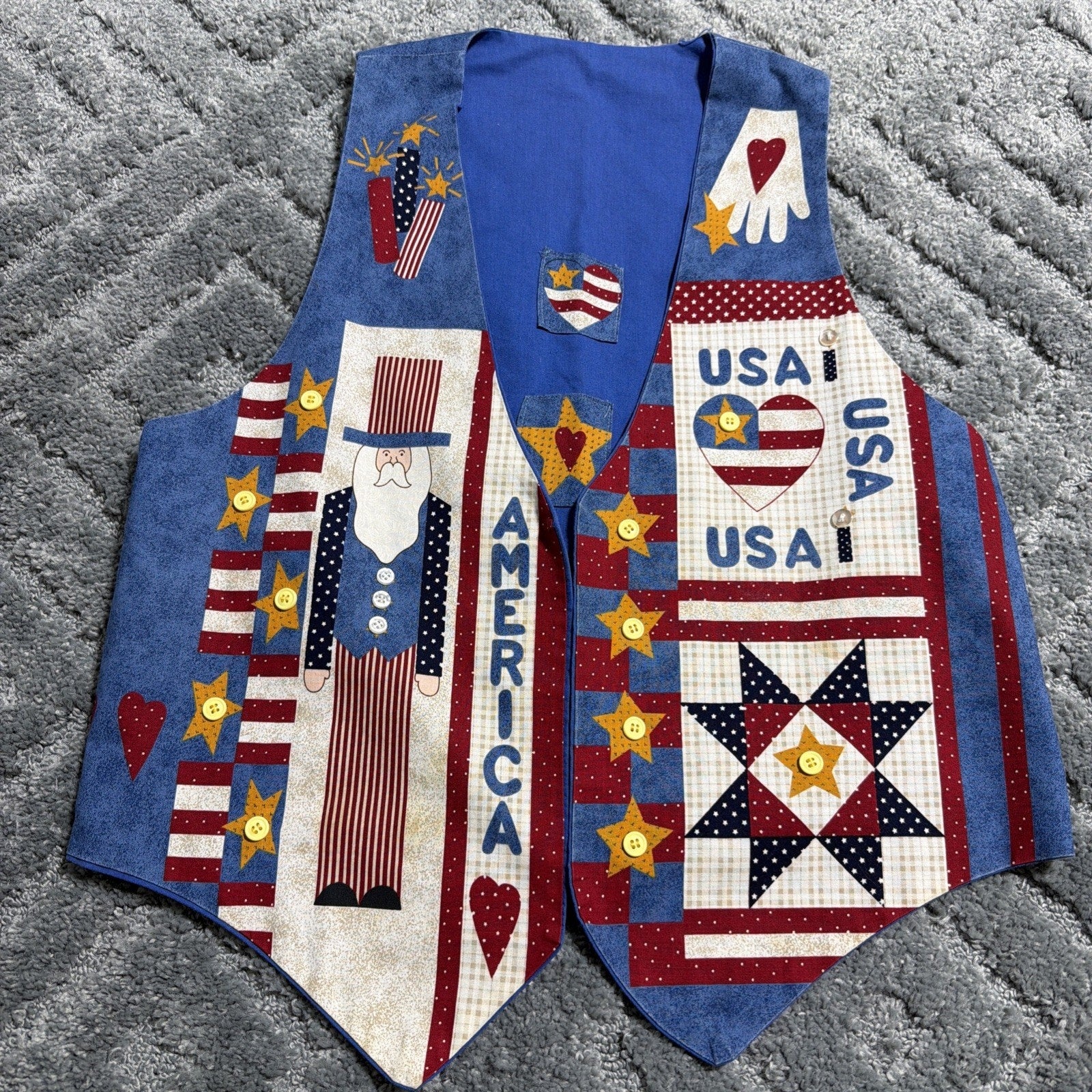 VTG Vest Adult Large Hand Made Patriotic America Uncle Sam Patchwork Grannycore