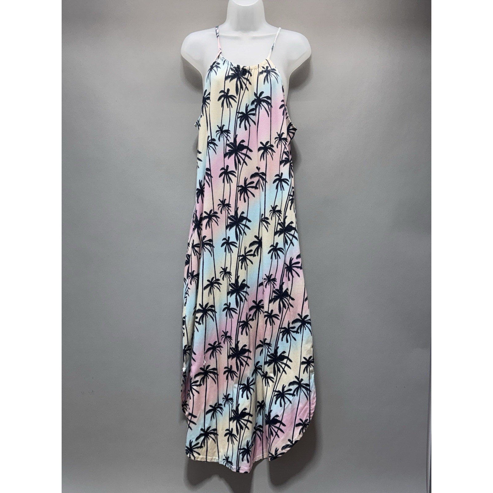 For G and PL Maxi Dress Pastel Tie-Dye Palm Trees Long Halter Beach Luau Size L