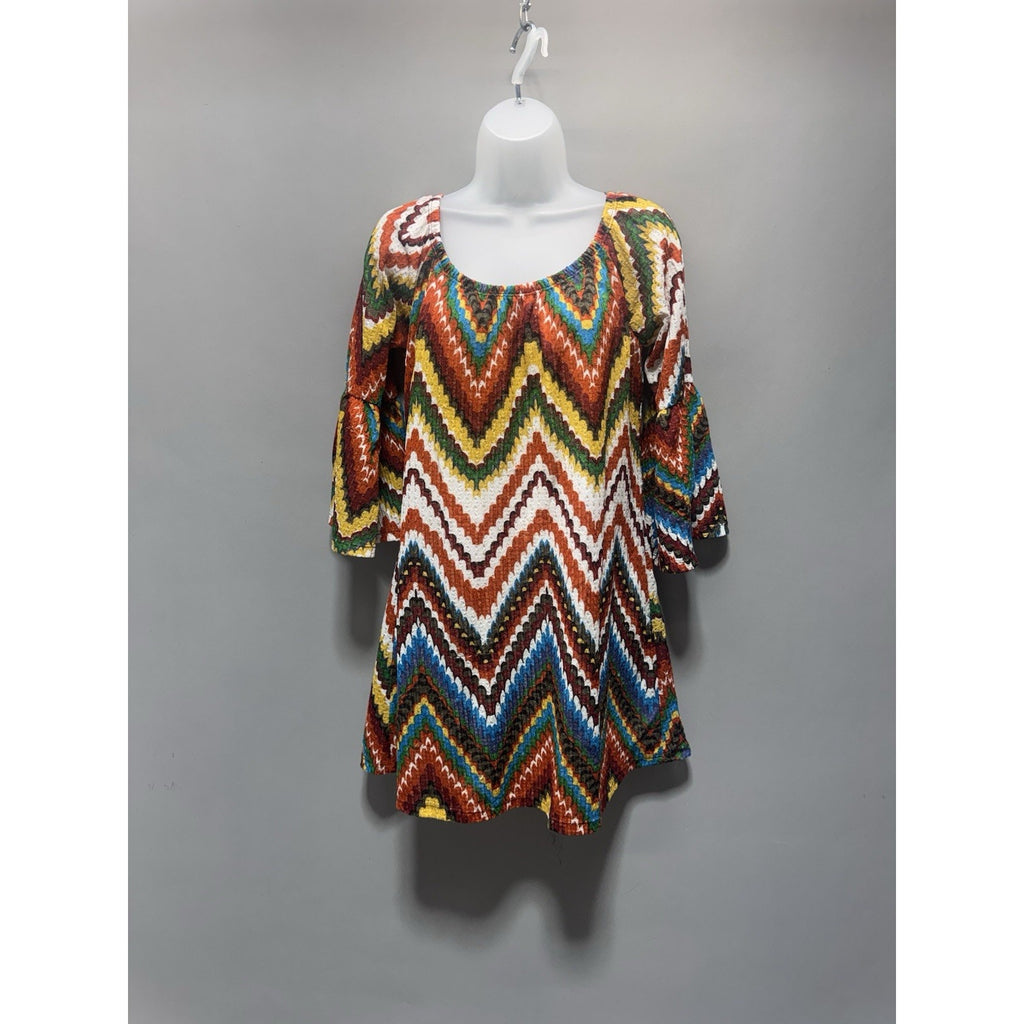 Yahada USA Boho Chevron Tunic Dress Womens Small Multicolor Bell Sleeve Stretch
