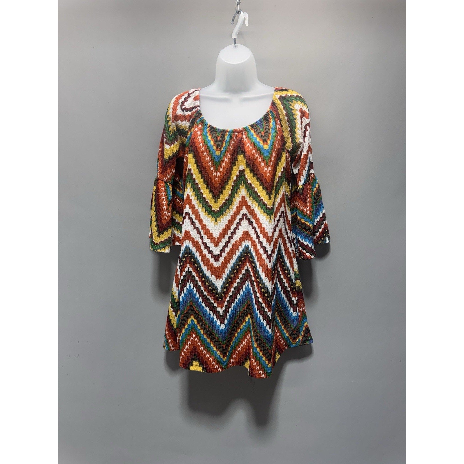 Yahada USA Boho Chevron Tunic Dress Womens Small Multicolor Bell Sleeve Stretch