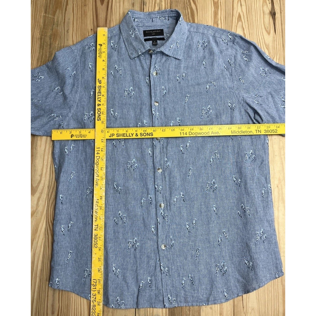 Banana Republic Shirt Mens L Linen Embroidered Seahorses Print Slim Fit
