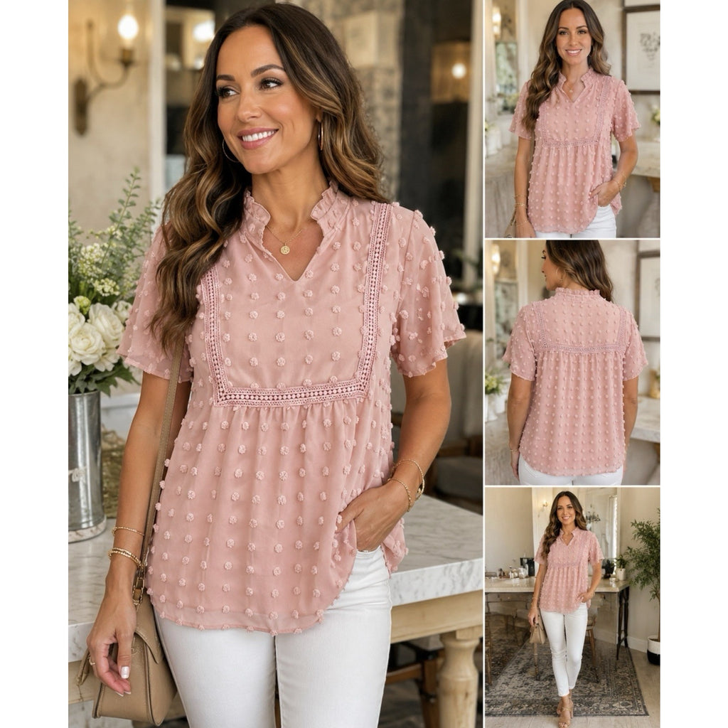 NWT C+D+M Collection Blush Pink Swiss Dot Blouse Women’s L Ruffle Mock Neck Boho