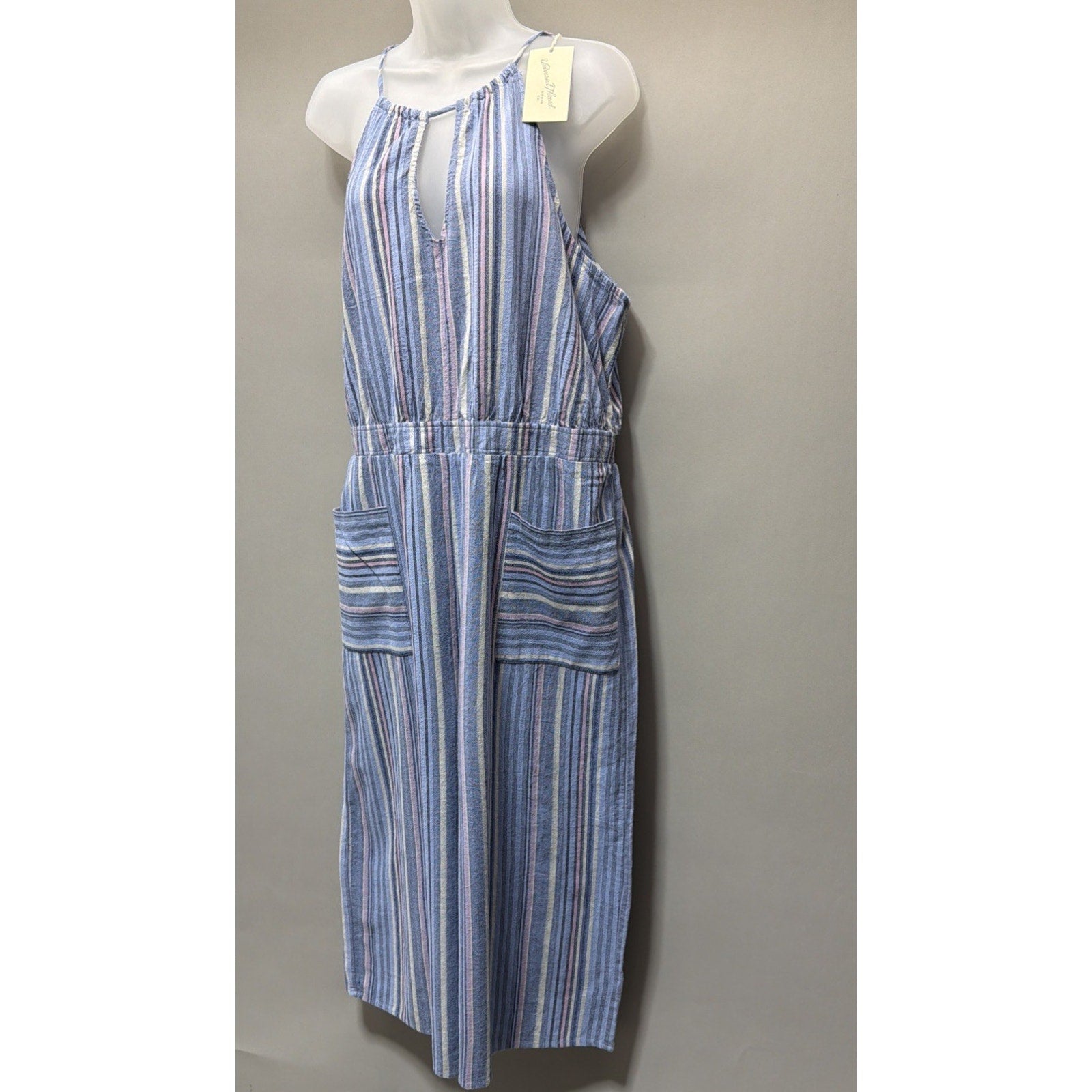 Universal Thread Striped Halter Romper XXL Blue Pink Cotton Tie Back Pockets New
