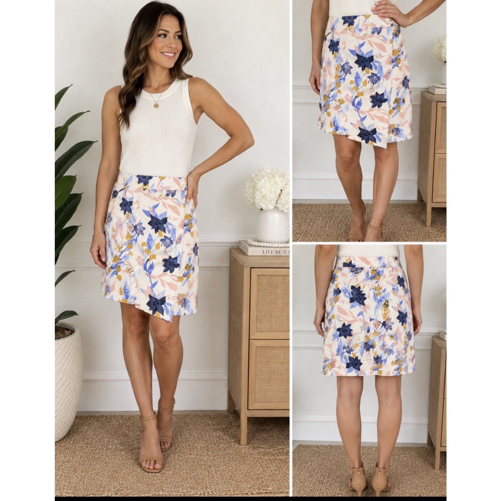 J.Crew Factory Floral Faux Wrap Skirt Womens 4 Blue Pink Cotton Lined Spring