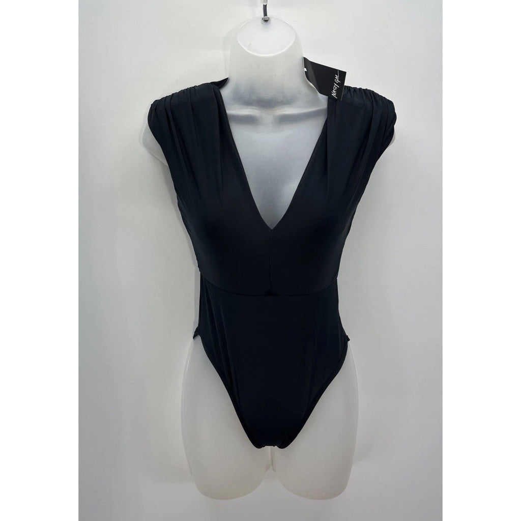 NWT Nasty Gal Shoulder Pad Slinky Plunge Bodysuit Black Size 0