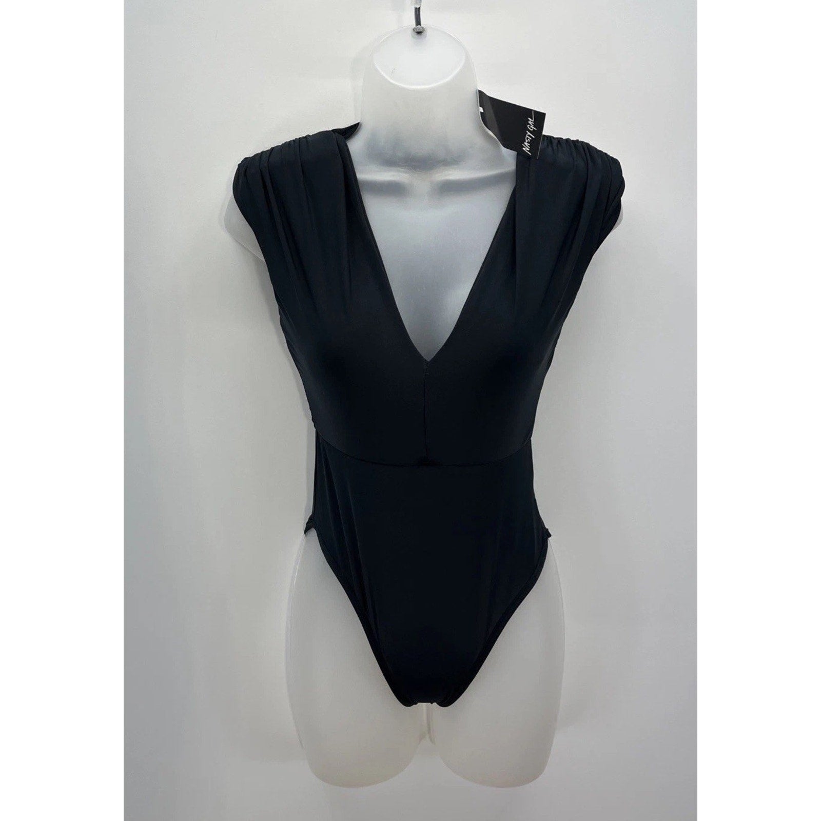 NWT Nasty Gal Shoulder Pad Slinky Plunge Bodysuit Black Size 0