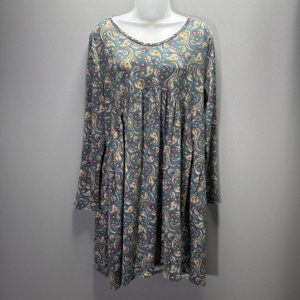 BOMBOM XL Blue Paisley Floral Long Sleeve Babydoll Swing Dress Boho USA