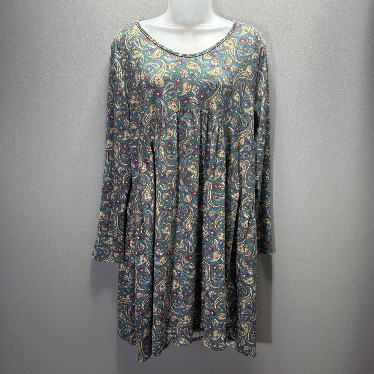 BOMBOM XL Blue Paisley Floral Long Sleeve Babydoll Swing Dress Boho USA