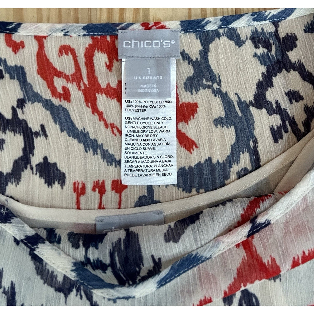 CHICOS Womens Poncho TOP Short Sleeve BLUE Orange Ivory PAISLEY Size 1 (8/10).