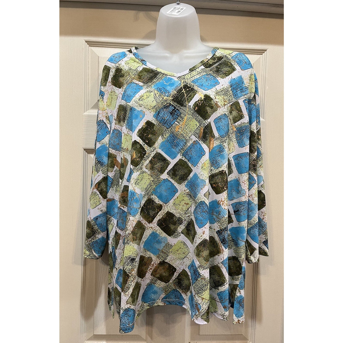 Alia Geometric Print Blue Brown 3/4 Sleeve Women's Plus Size 2X Ladies Top