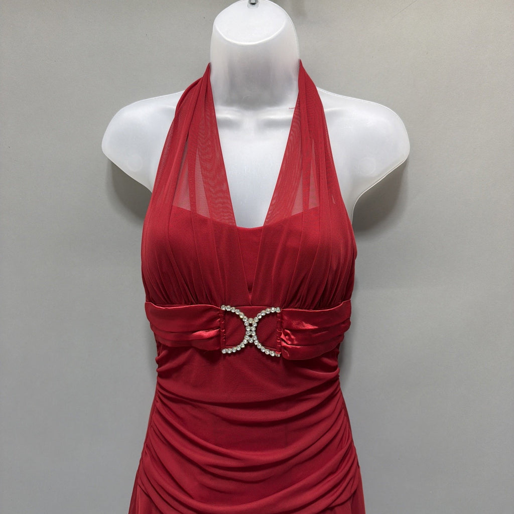 Y2K Taboo Asymmetrical Hem Midi Dress VTG 2000s Red /Slinky/Rhinestones Buckle M