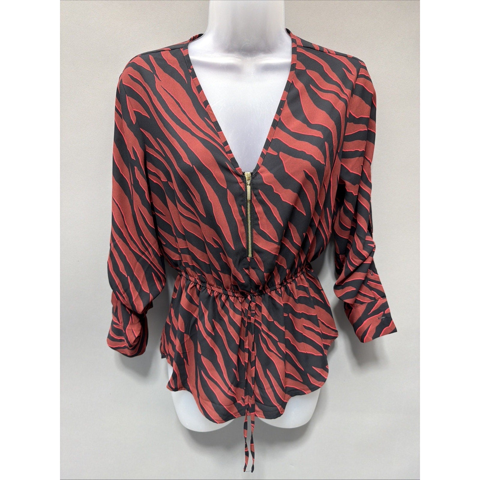 Express Red Zebra Animal Print Zip Front Tie Waist Blouse Size XS Career