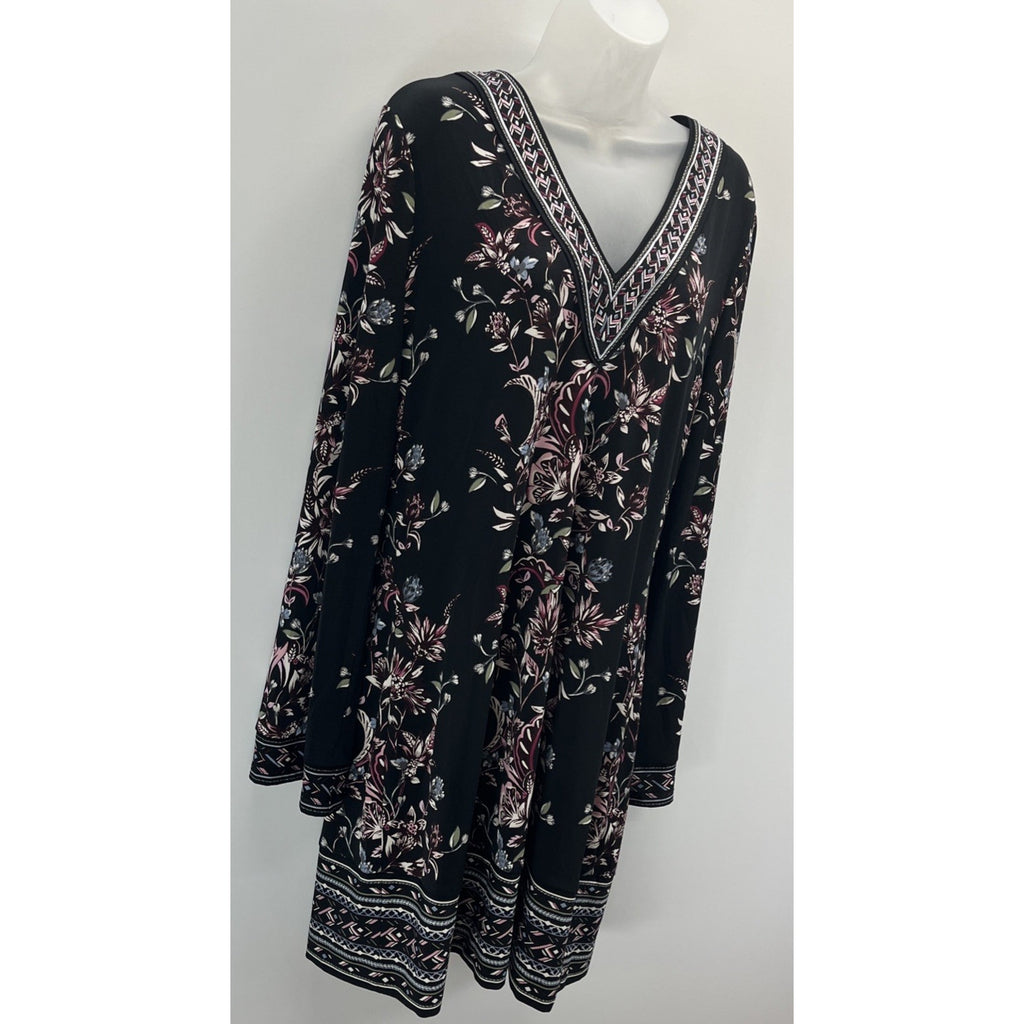 White House Black Market LS Floral Shift Dress L Embroidered V Neck Jersey Black
