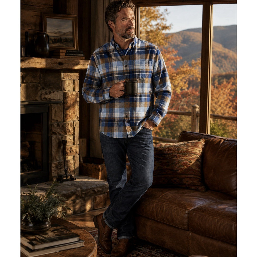 Eddie Bauer Mens M Blue Tan Plaid Flannel Shirt Button Down Long Sleeve Cotton