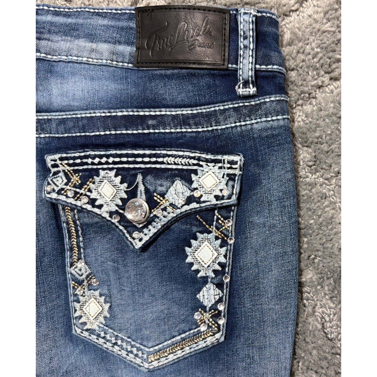True Luck Denim Jeans Womens Aztec Embroidered Thick Stitch Slim Boot Cut 11/12