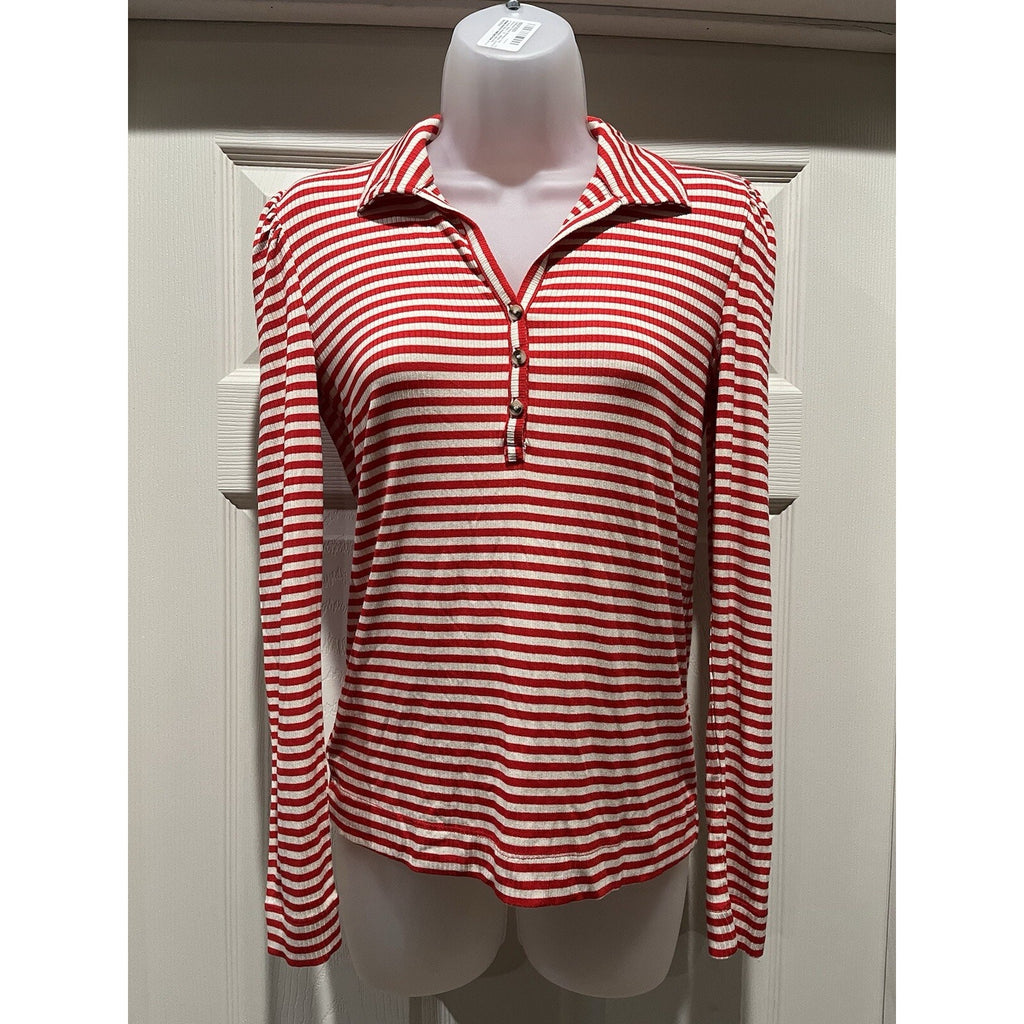 Ann Taylor Loft Shirt W Small White And Red Polo Striped Long Sleeve Ladies