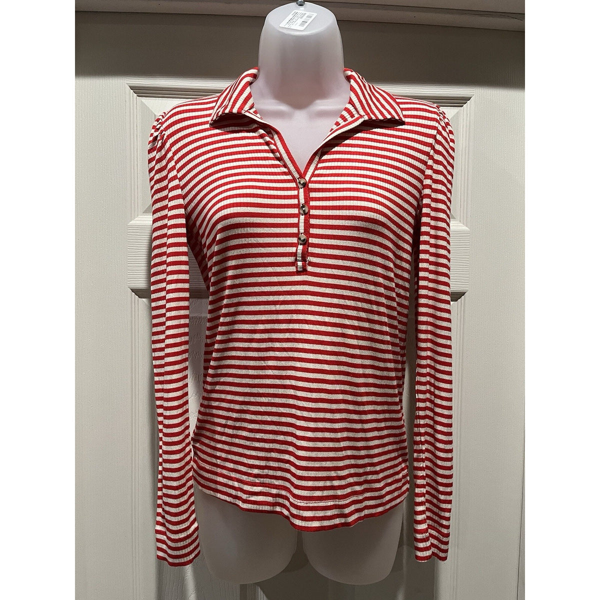 Ann Taylor Loft Shirt W Small White And Red Polo Striped Long Sleeve Ladies
