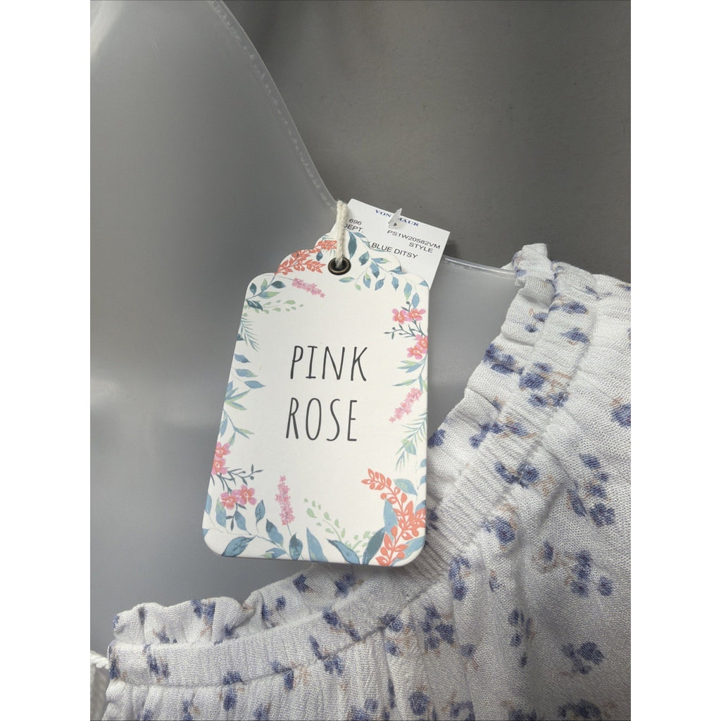 Pink Rose Floral White Bell Sleeve Blouse Women's Large Boho Casual New
