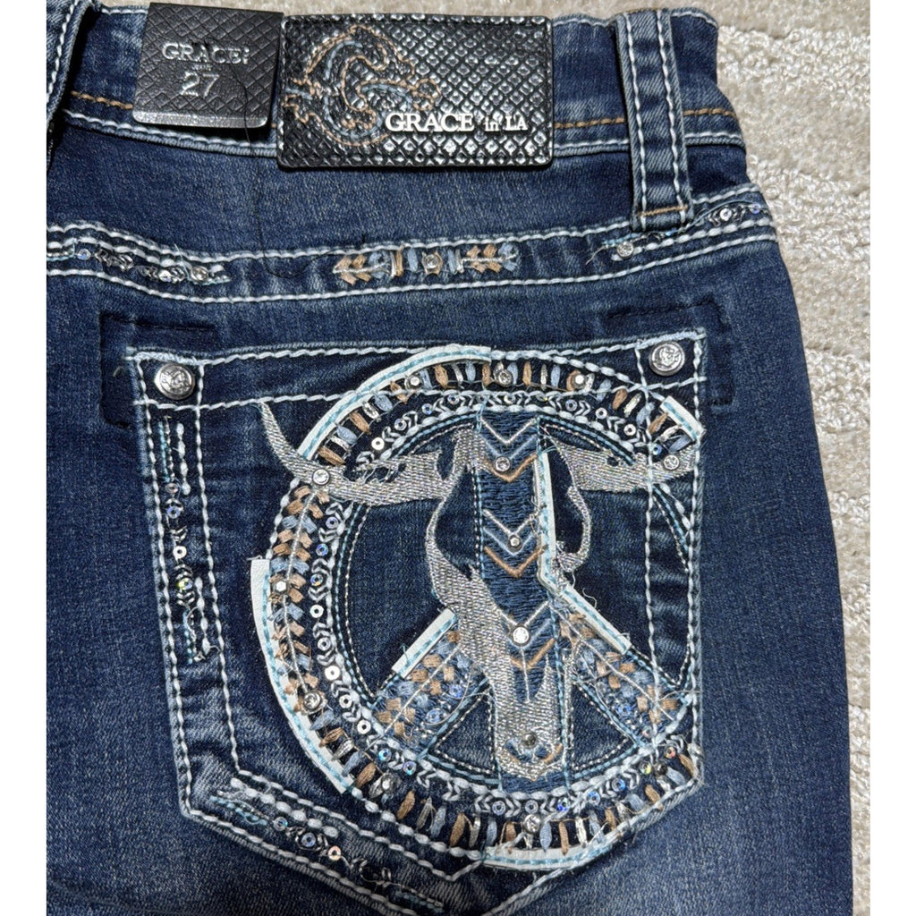 NWT Grace In LA Easy Fit Bootcut Jeans Women’s 27 Steer Skull Bling Western