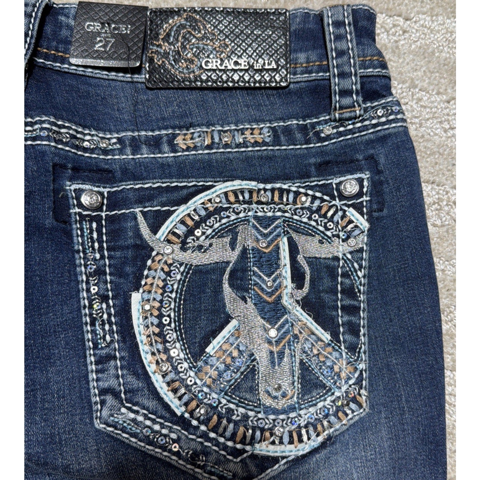 NWT Grace In LA Easy Fit Bootcut Jeans Women’s 27 Steer Skull Bling Western