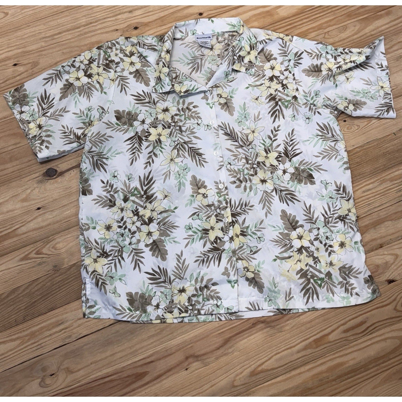 Bonworth Hawaiian Shirt Tropical Flowers Palm Trees Yellow-Green Men’s Size XL