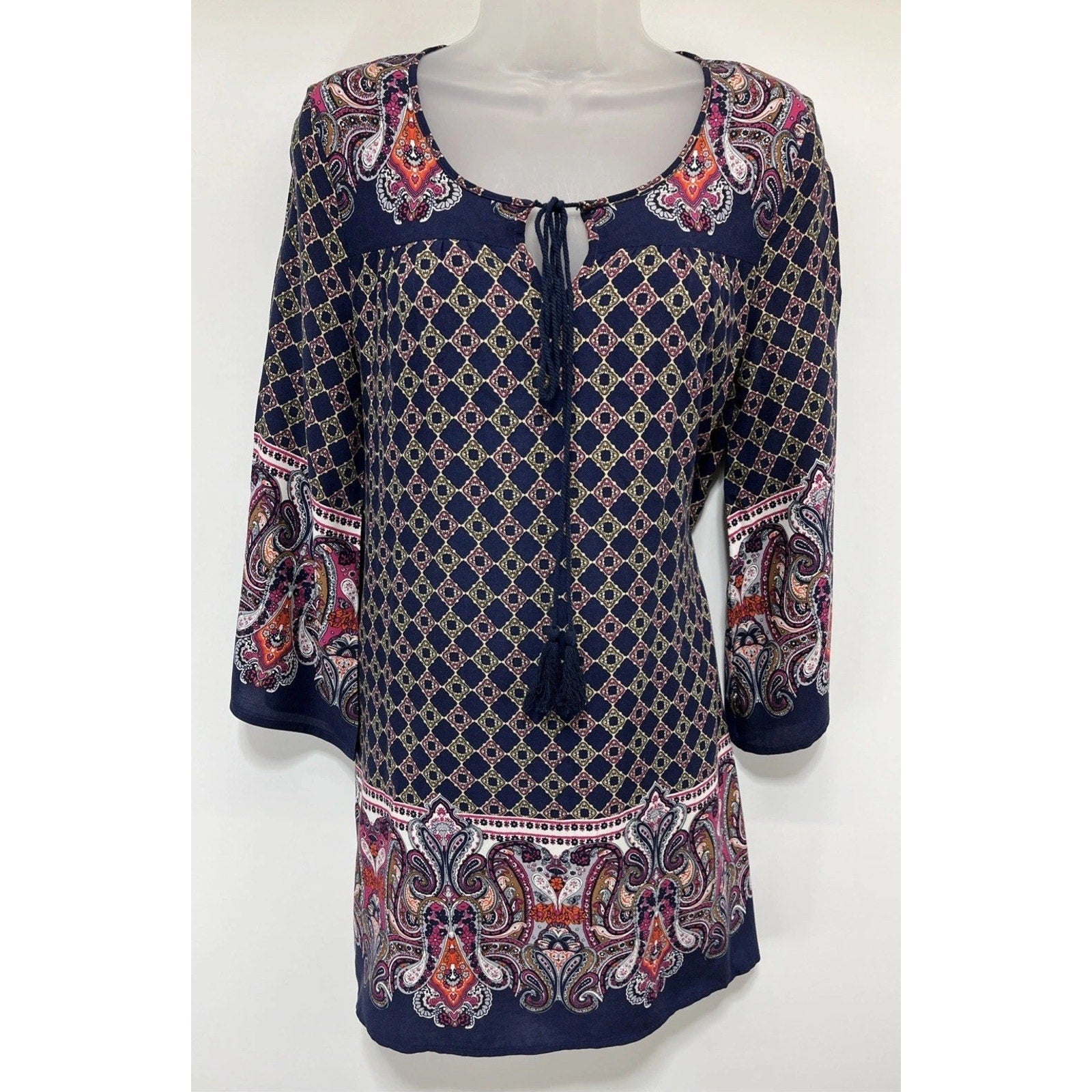 Blu Pepper Paisley Women's Dress Size S Lined navy blue keyhole sheath boho