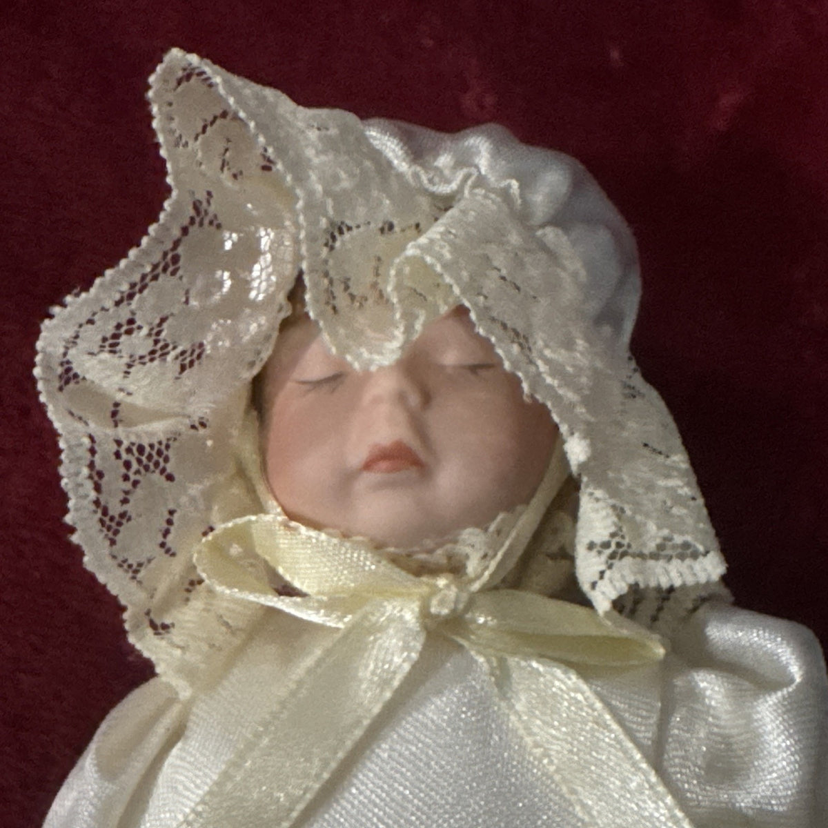 Vintage Mini Porcelain Baby Doll 5” White Satin Lace Dress Bonnet Collectible