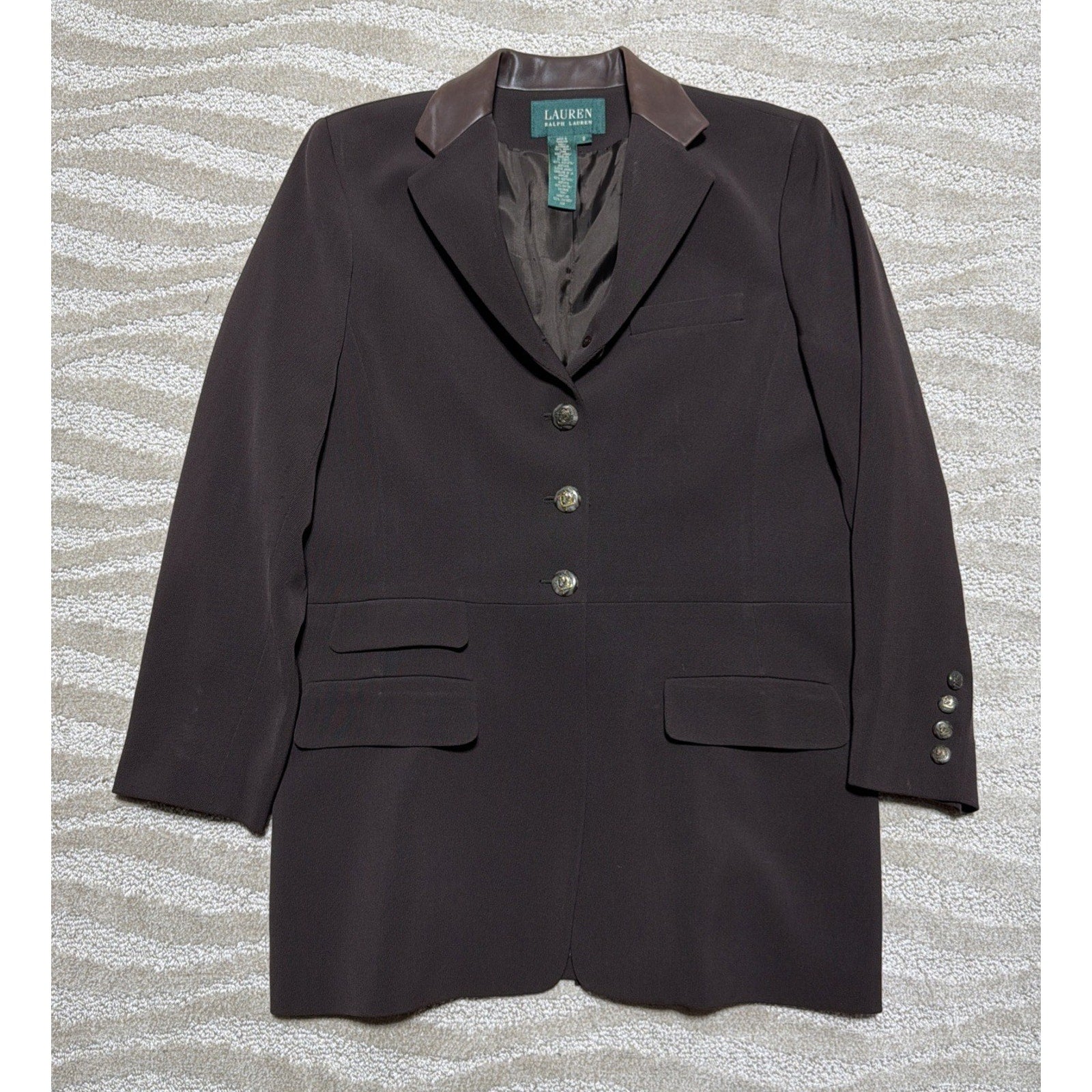 Ralph Lauren Brown Wool Blazer Jacket Women’s 8 Leather Collar Equestrian Mint