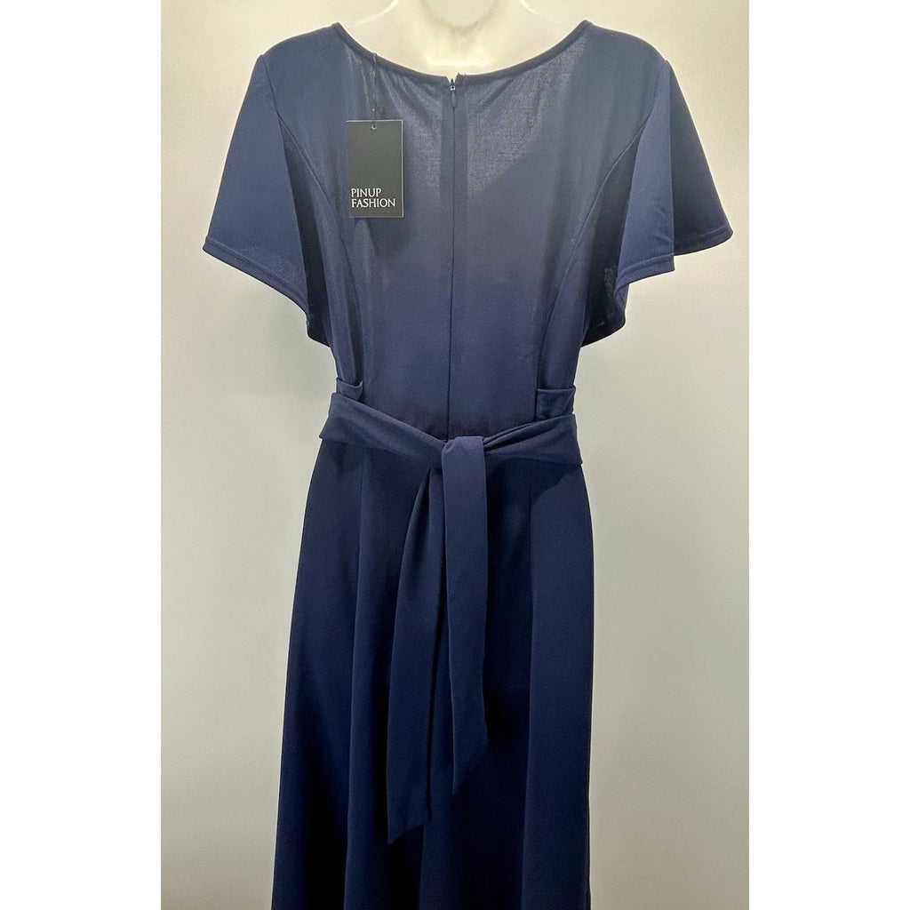 Pinup Fashion Blue Classic Swing Dress Long Sleeve Size18W 2Pockets Below Knee.