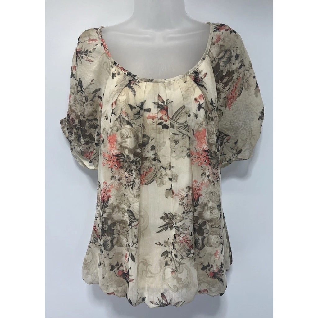 Sarah Michelle Top Womens Large Size Cream Floral Artsy Flowy Boho Y2K